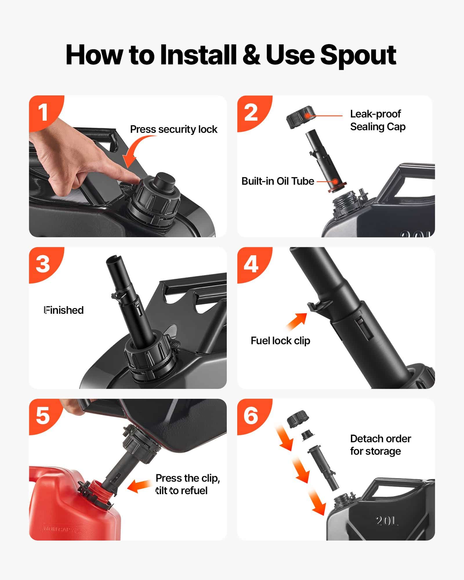 VEVOR 20 L Metal Fuel Jerry Can, Leakproof Gas Tank with Spout, 6 L/min Fast Flow, For Cars, Motorcycles, ATV, Camping, Black — attēls 6