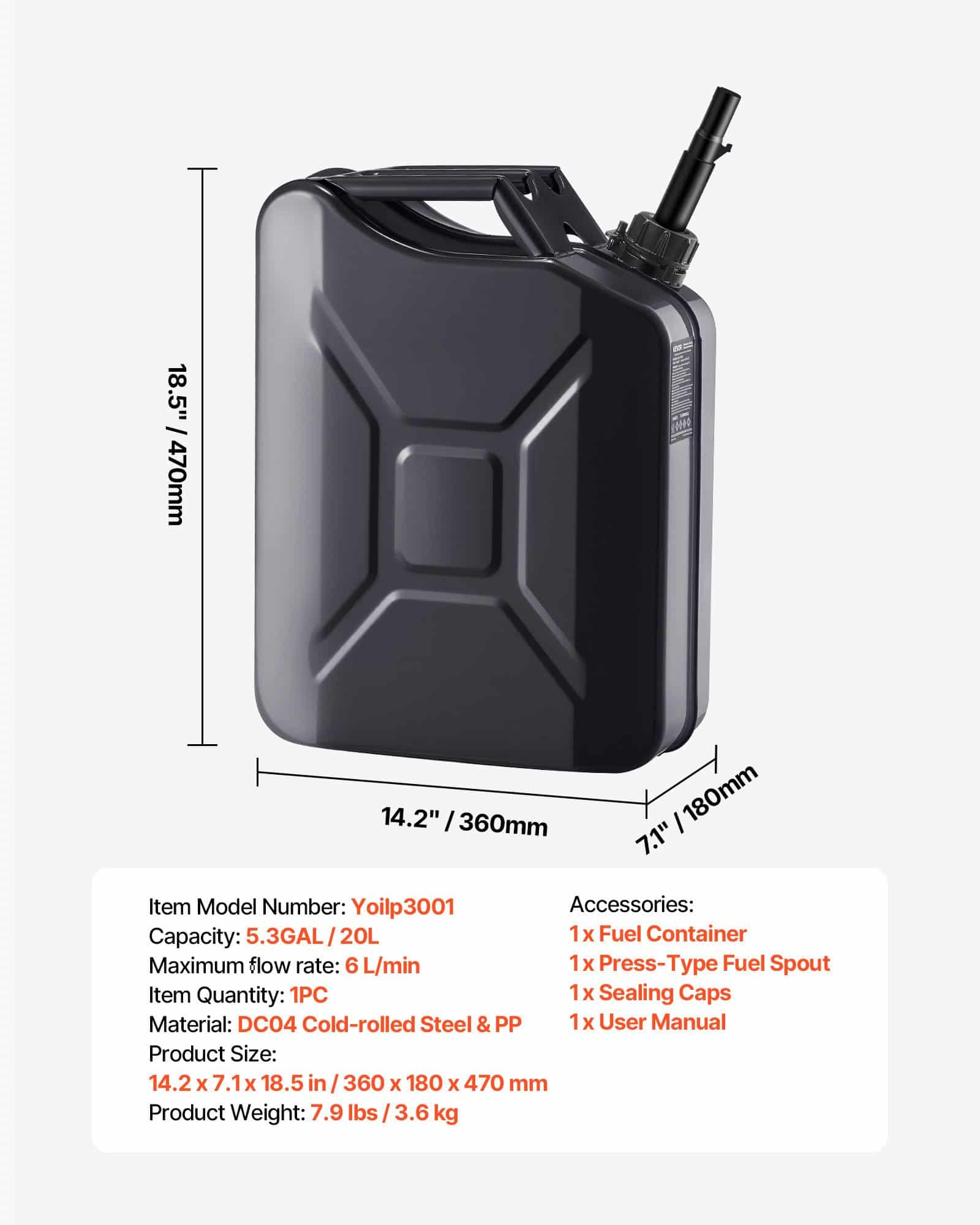 VEVOR 20 L Metal Fuel Jerry Can, Leakproof Gas Tank with Spout, 6 L/min Fast Flow, For Cars, Motorcycles, ATV, Camping, Black — attēls 7