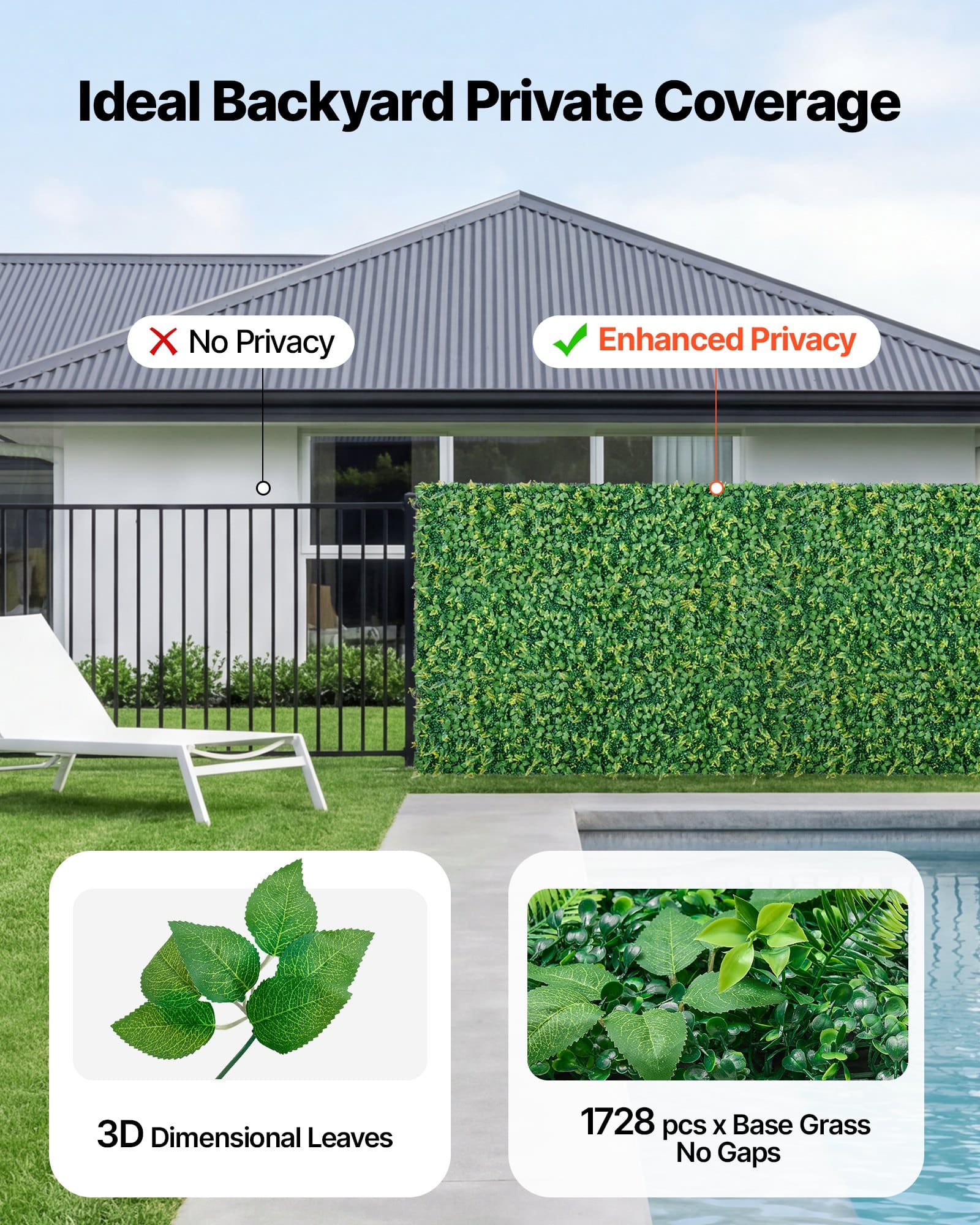VEVOR Artificial Boxwood Hedge Wall, 4 Panels 61 x 243.8 cm, 3D Greenery Privacy Fence Screen for Indoor Outdoor Garden & Wedding Décor — изображение 3