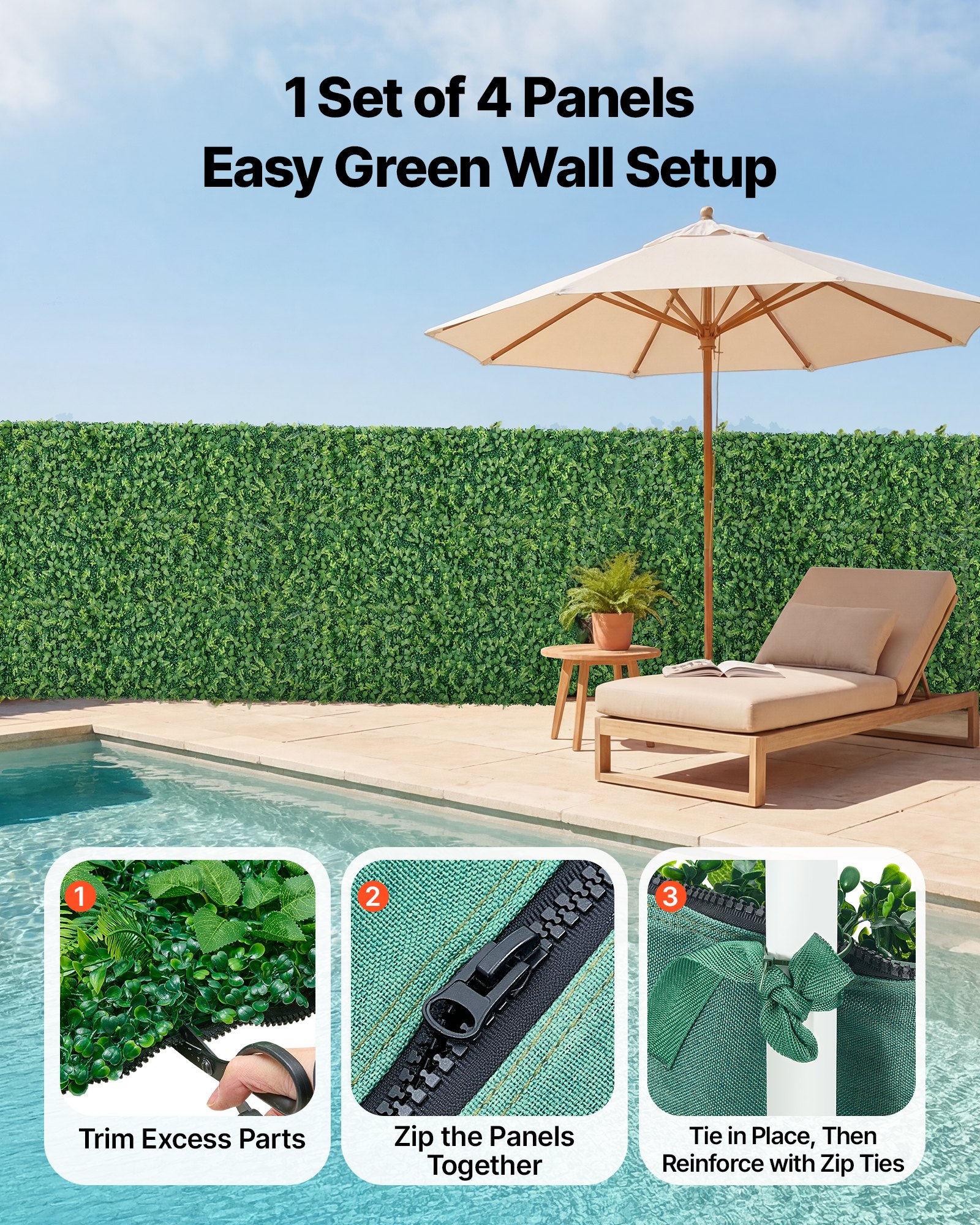 VEVOR Artificial Boxwood Hedge Wall, 4 Panels 61 x 243.8 cm, 3D Greenery Privacy Fence Screen for Indoor Outdoor Garden & Wedding Décor — изображение 4