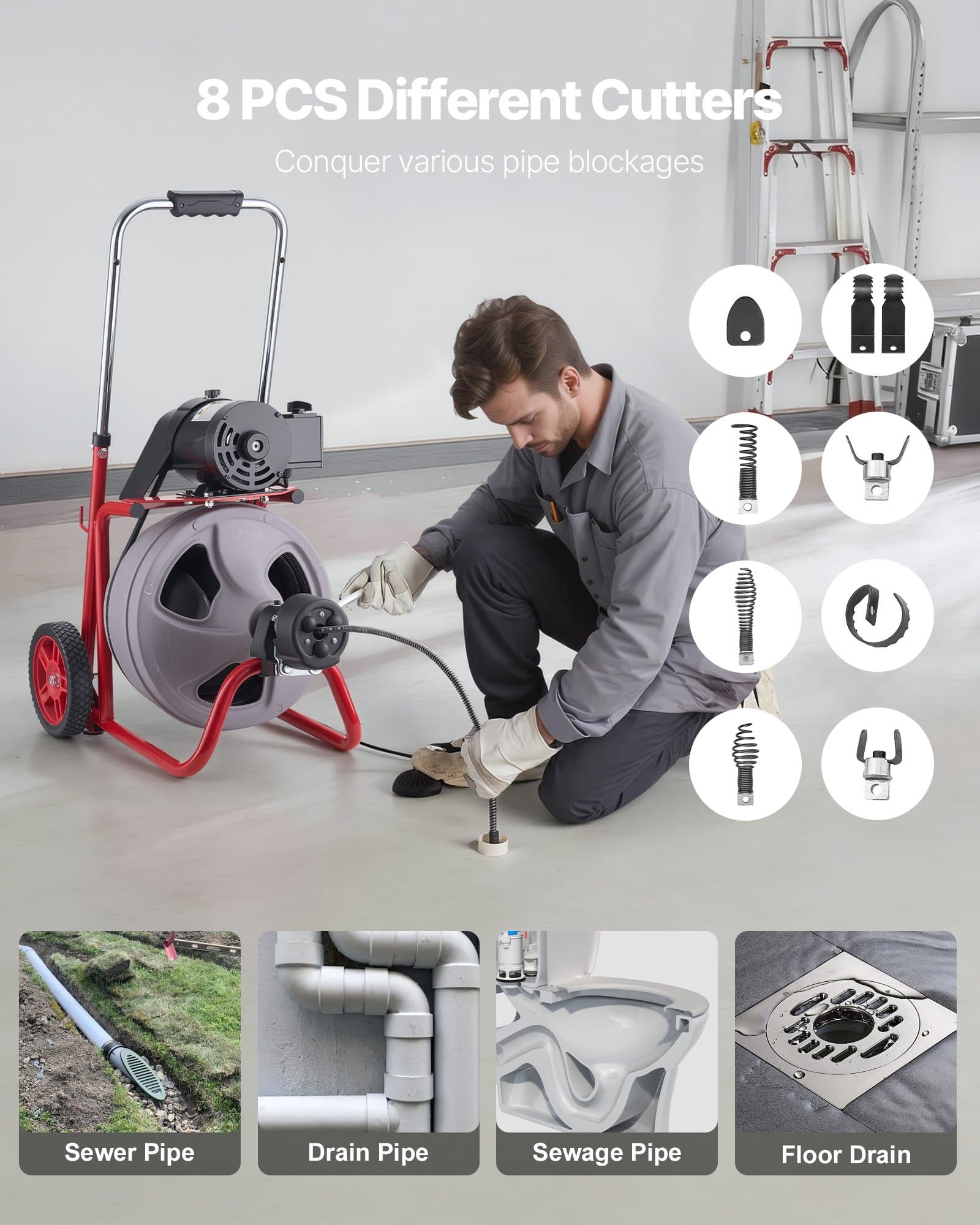 VEVOR 30 m Drain Cleaner Machine, 9.5 mm Cable, Auto-Feed Sewer Snake with 8 Cutters & Foot Switch for 50–100 mm Pipes — изображение 5