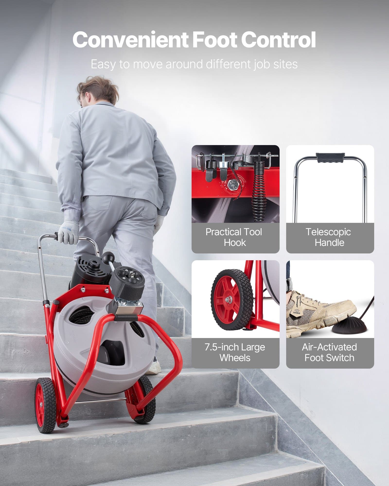 VEVOR 30 m Drain Cleaner Machine, 9.5 mm Cable, Auto-Feed Sewer Snake with 8 Cutters & Foot Switch for 50–100 mm Pipes — изображение 6