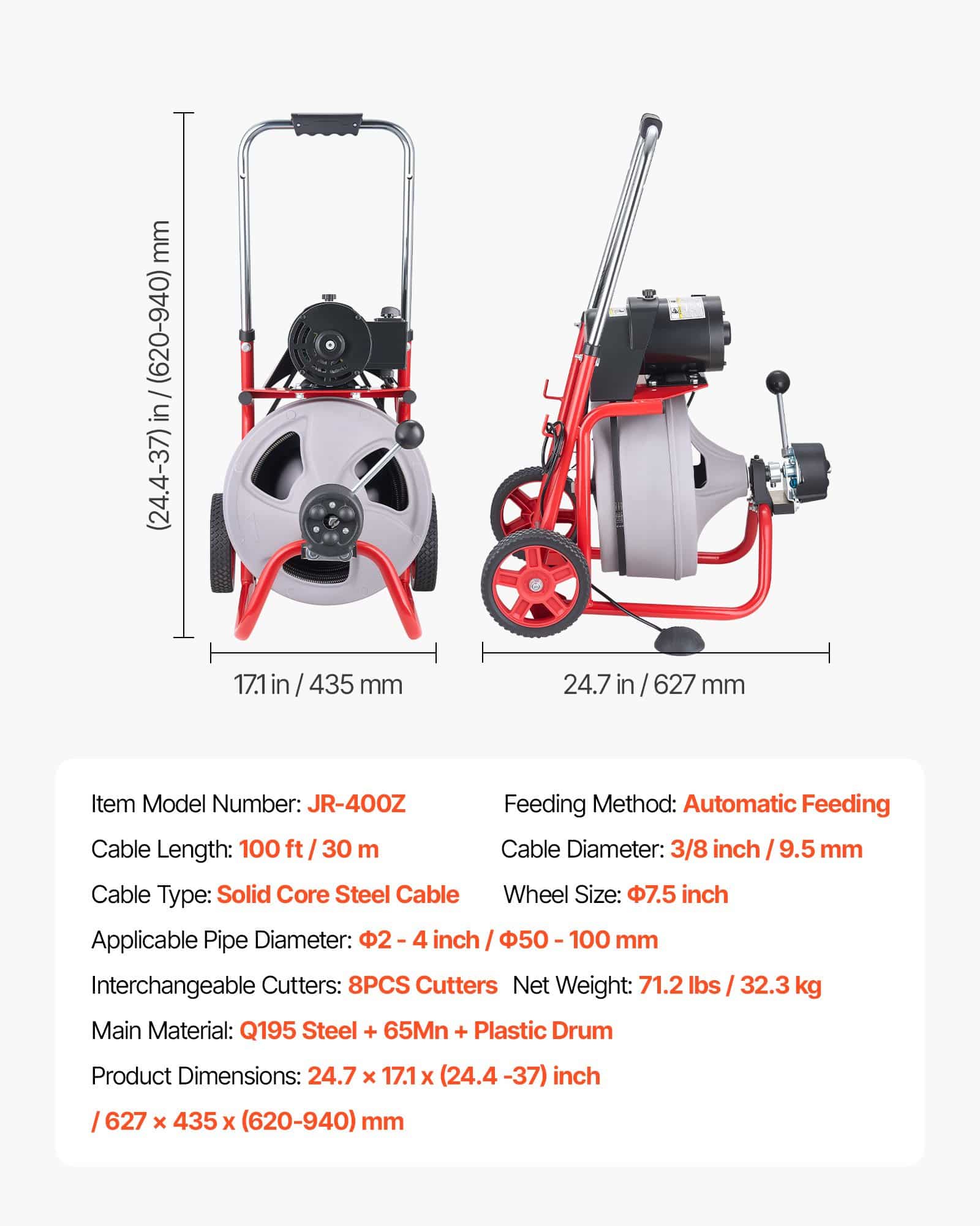 VEVOR 30 m Drain Cleaner Machine, 9.5 mm Cable, Auto-Feed Sewer Snake with 8 Cutters & Foot Switch for 50–100 mm Pipes — изображение 7