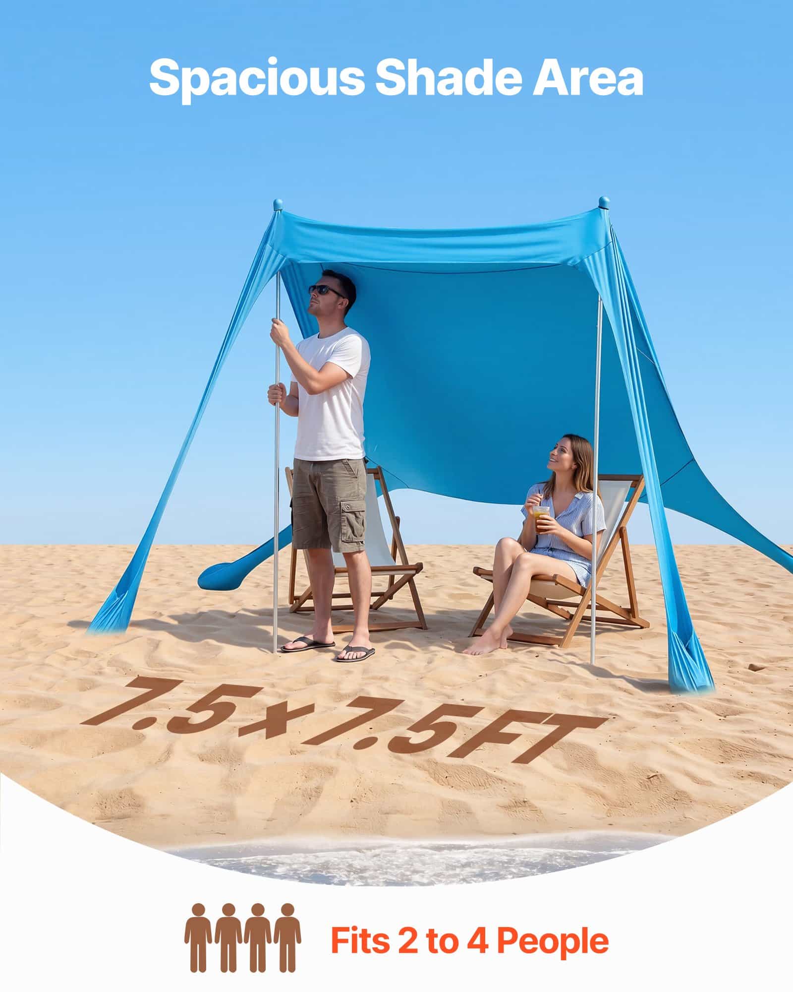 VEVOR Beach Tent Sun Shelter, UPF 50+ Lycra, 2 m Tall, 2.3 x 2.3 m Pop Up Canopy with Sandbags, Poles, Shovels for 2–4 People — изображение 2