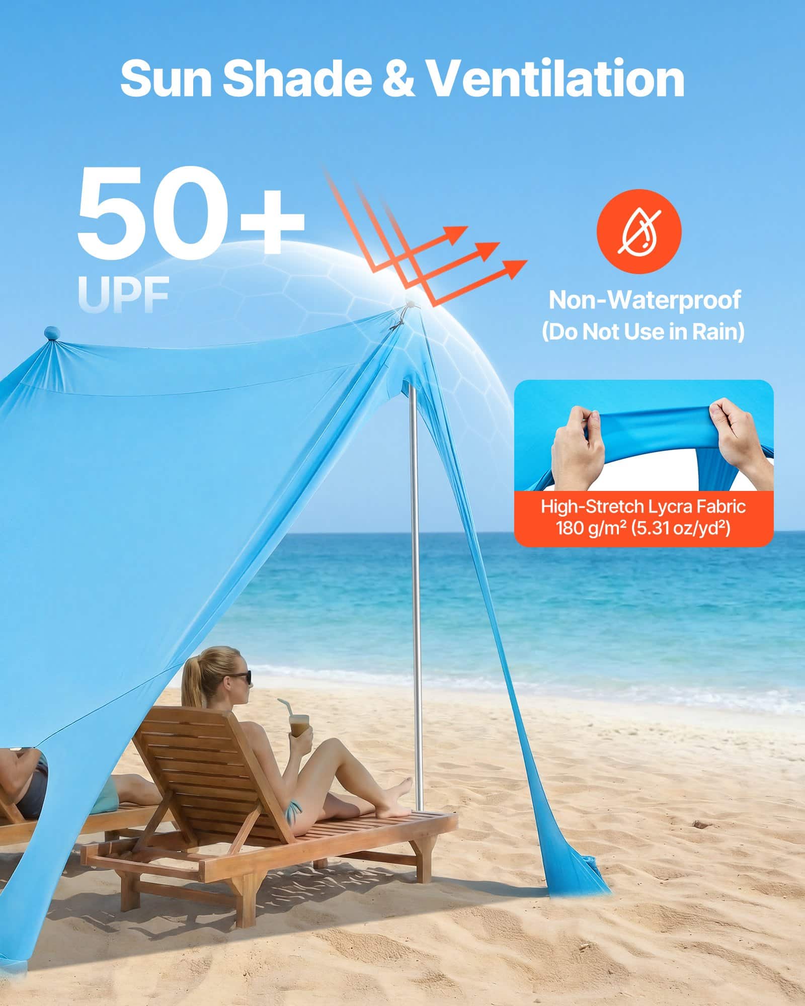 VEVOR Beach Tent Sun Shelter, UPF 50+ Lycra, 2 m Tall, 2.3 x 2.3 m Pop Up Canopy with Sandbags, Poles, Shovels for 2–4 People — изображение 3