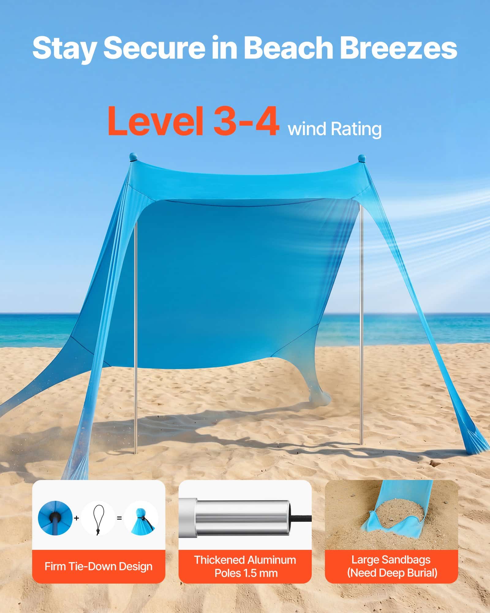 VEVOR Beach Tent Sun Shelter, UPF 50+ Lycra, 2 m Tall, 2.3 x 2.3 m Pop Up Canopy with Sandbags, Poles, Shovels for 2–4 People — изображение 4