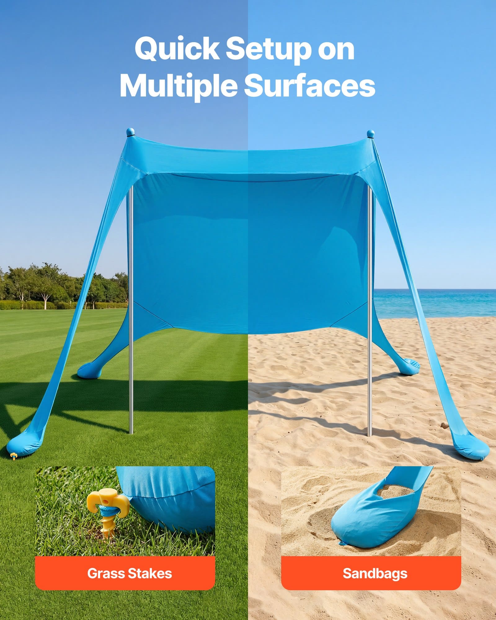 VEVOR Beach Tent Sun Shelter, UPF 50+ Lycra, 2 m Tall, 2.3 x 2.3 m Pop Up Canopy with Sandbags, Poles, Shovels for 2–4 People — изображение 5