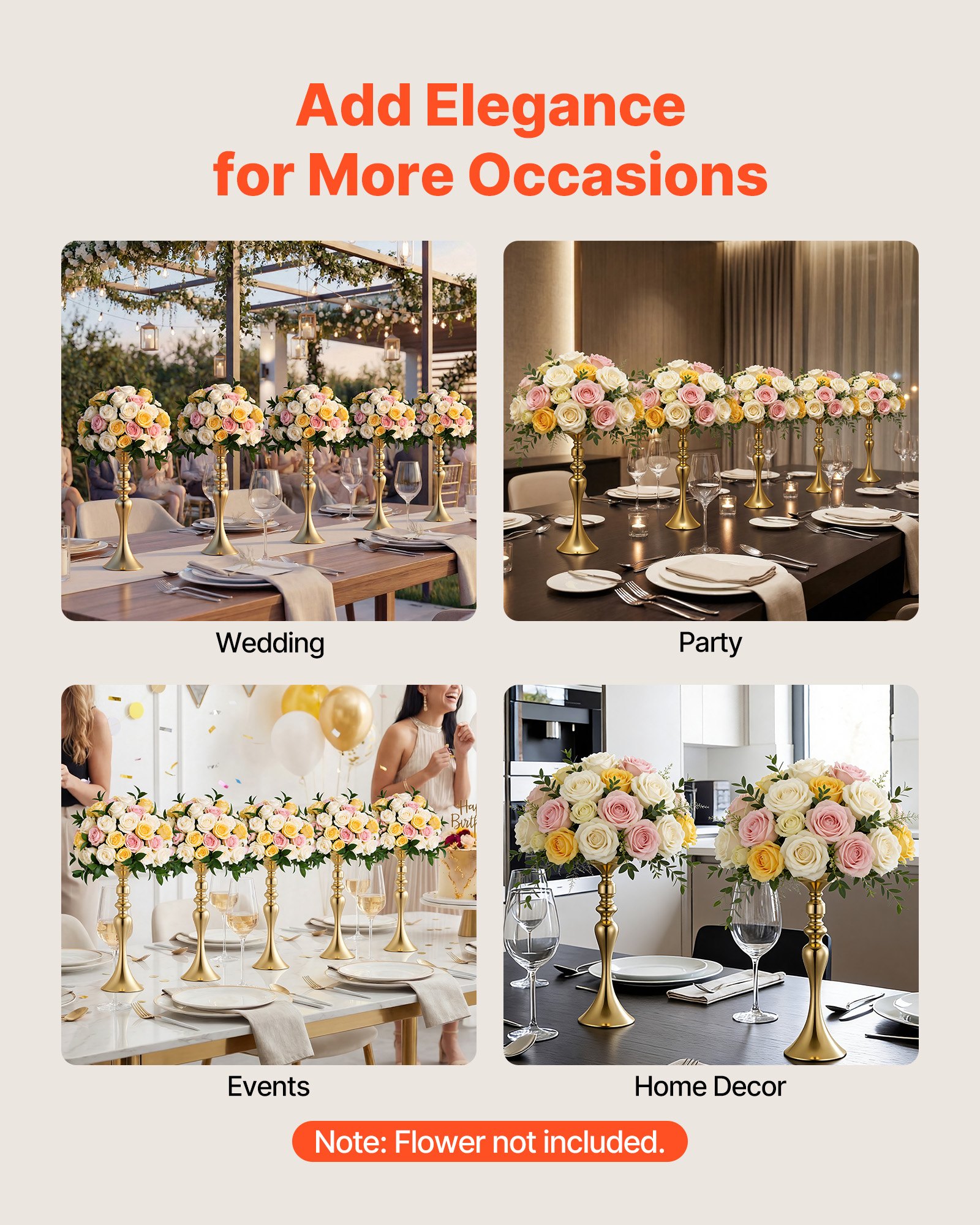 VEVOR Set of 16 Wedding Flower Vases 38 cm Gold Centerpieces, Metal Table Stands for Flowers or Candles, Easy Assembly Decor – Paveikslėlis 5