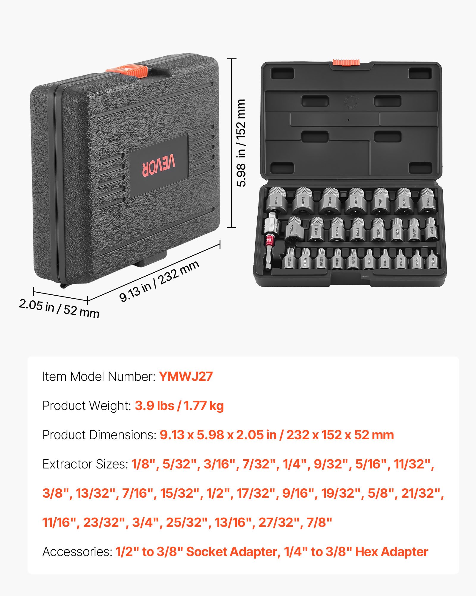 VEVOR 27‑Piece Cr-Mo Screw Extractor Set with Adapters, Multi‑Spline Bolt & Screw Remover in Storage Case — изображение 7