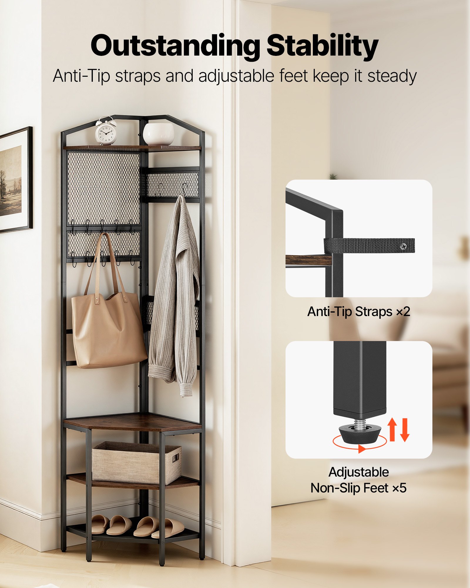 VEVOR Corner Hall Tree 181 cm Coat & Shoe Rack with Hooks, Top Shelf, Work Surface, Steel Frame, Anti-Tip & Adjustable Feet - Pilt 7