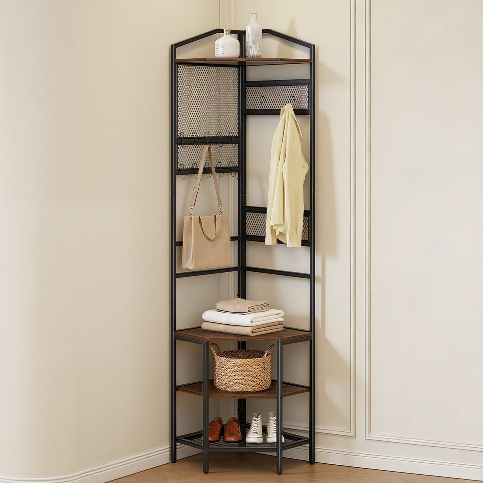 VEVOR Corner Hall Tree 181 cm Coat & Shoe Rack with Hooks