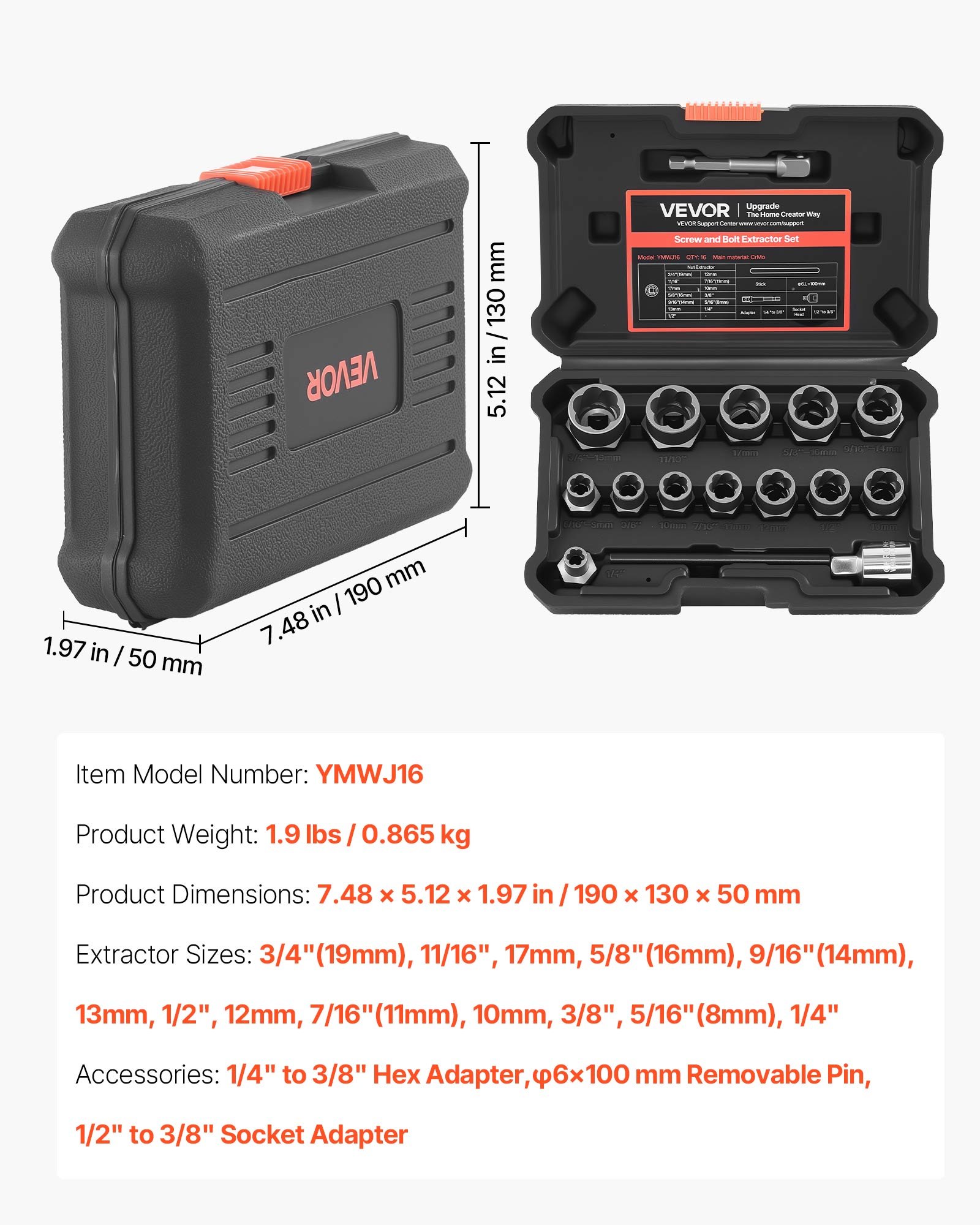 VEVOR 16‑Piece Bolt Extractor Socket Set, Cr‑Mo Steel, with Adapters & Pin Punch for Damaged, Rusted or Stripped Bolts and Nuts — изображение 7