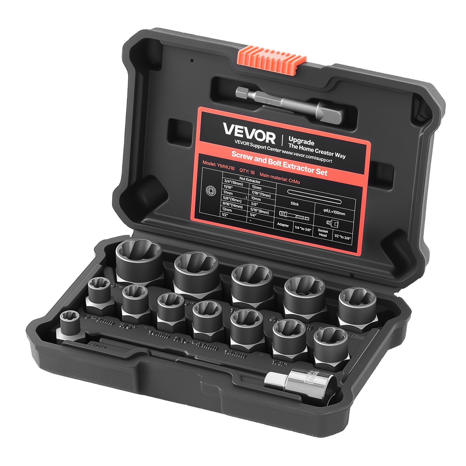 VEVOR 16‑Piece Bolt Extractor Socket Set, Cr‑Mo Steel, with Adapters & Pin Punch for Damaged, Rusted or Stripped Bolts and Nuts — изображение 10