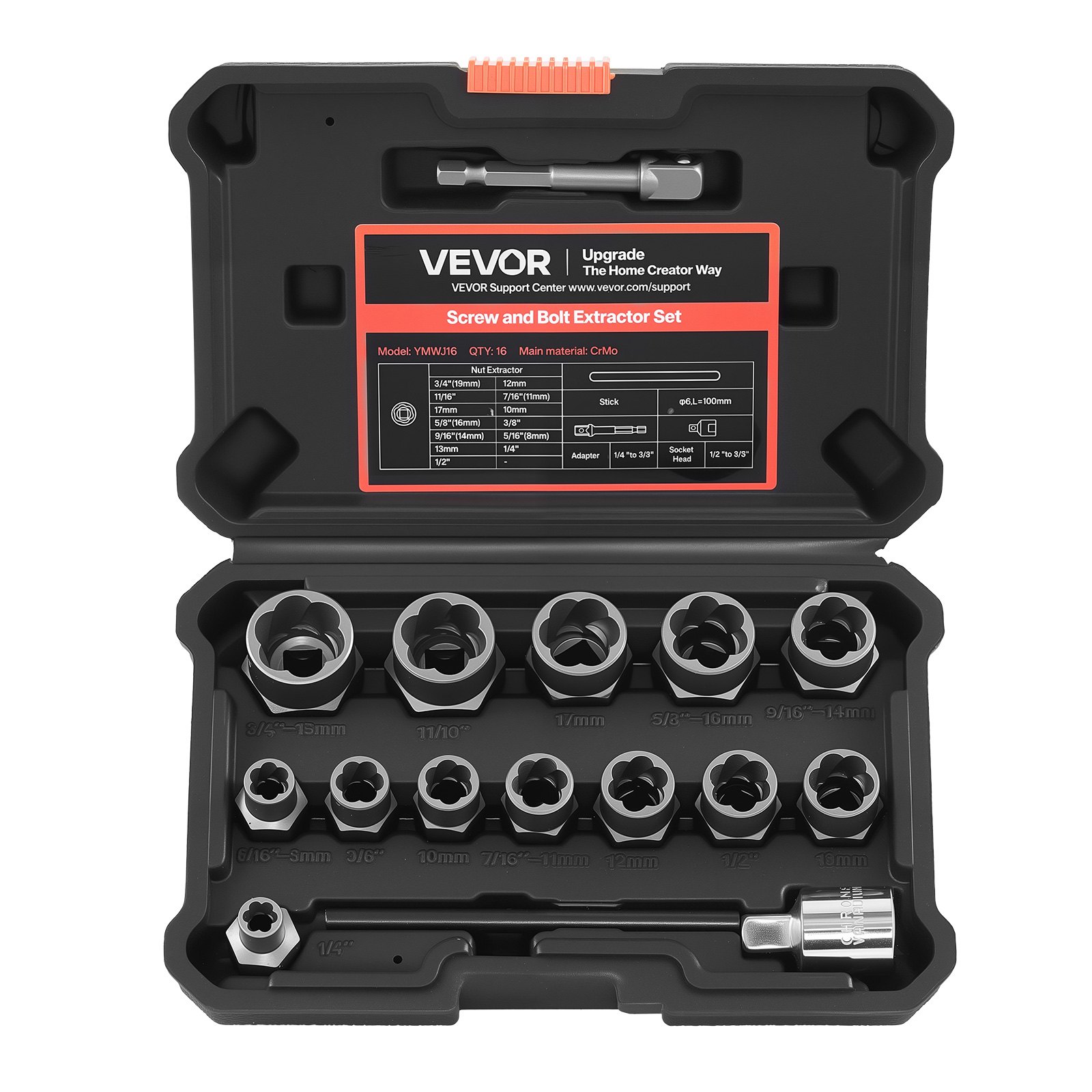 VEVOR 16‑Piece Bolt Extractor Socket Set, Cr‑Mo Steel, with Adapters & Pin Punch for Damaged, Rusted or Stripped Bolts and Nuts — изображение 11
