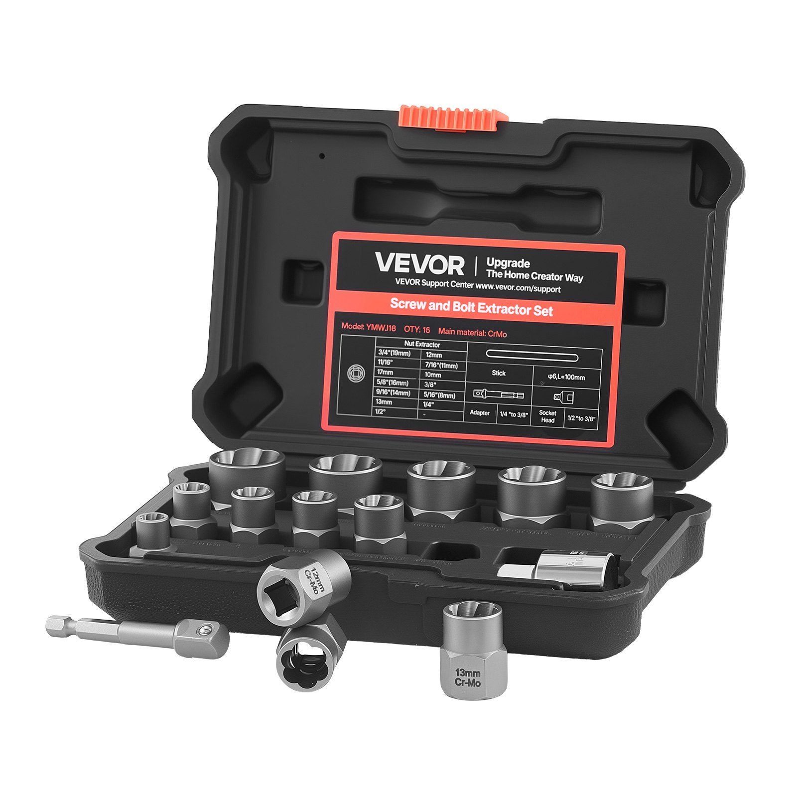 VEVOR 16‑Piece Bolt Extractor Socket Set, Cr‑Mo Steel, with Adapters & Pin Punch for Damaged, Rusted or Stripped Bolts and Nuts — изображение 12