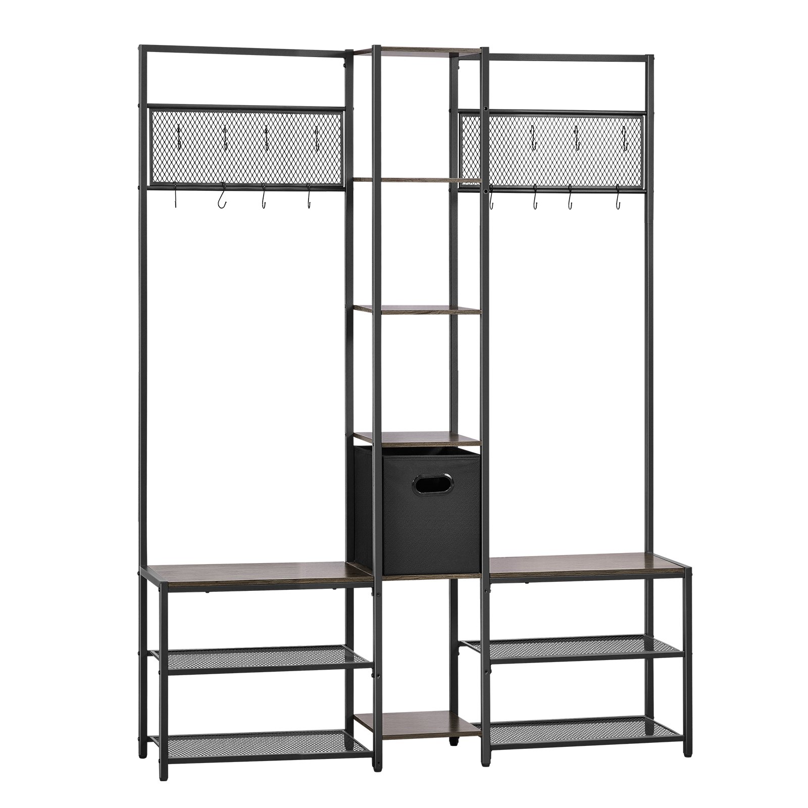 VEVOR Corner Hall Tree with Shoe Bench, 180 cm Coat Rack with Hooks, Steel Frame, Anti-Tip, Rustic Brown, for Entryway and Office — изображение 12