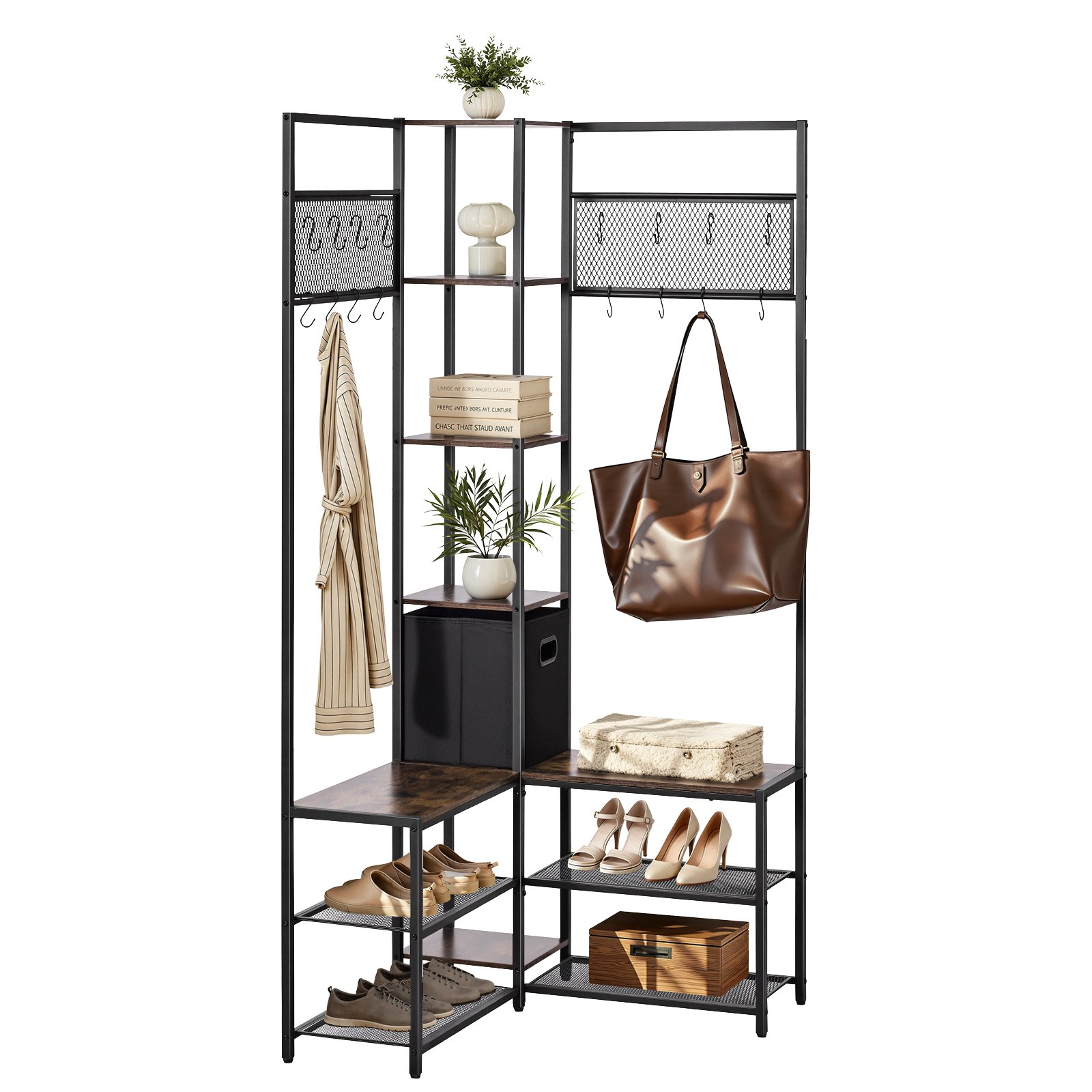 VEVOR Corner Hall Tree with Shoe Bench, 180 cm Coat Rack with Hooks, Steel Frame, Anti-Tip, Rustic Brown, for Entryway and Office — изображение 9