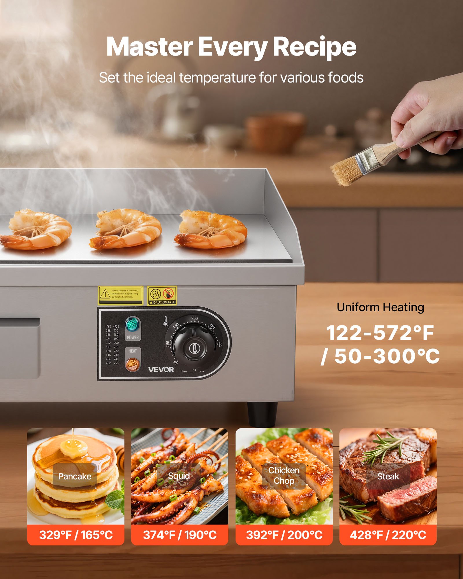 VEVOR 2800W Commercial Electric Griddle 450x300 mm, 50–300°C Stainless Steel Flat Top Grill with Accessories – Paveikslėlis 4