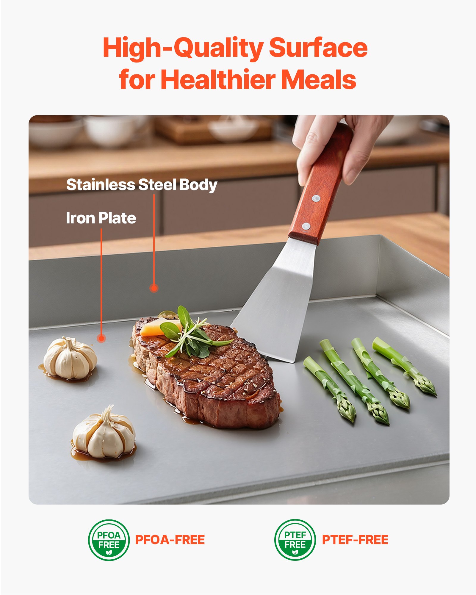 VEVOR 2800W Commercial Electric Griddle 450x300 mm, 50–300°C Stainless Steel Flat Top Grill with Accessories – Paveikslėlis 5