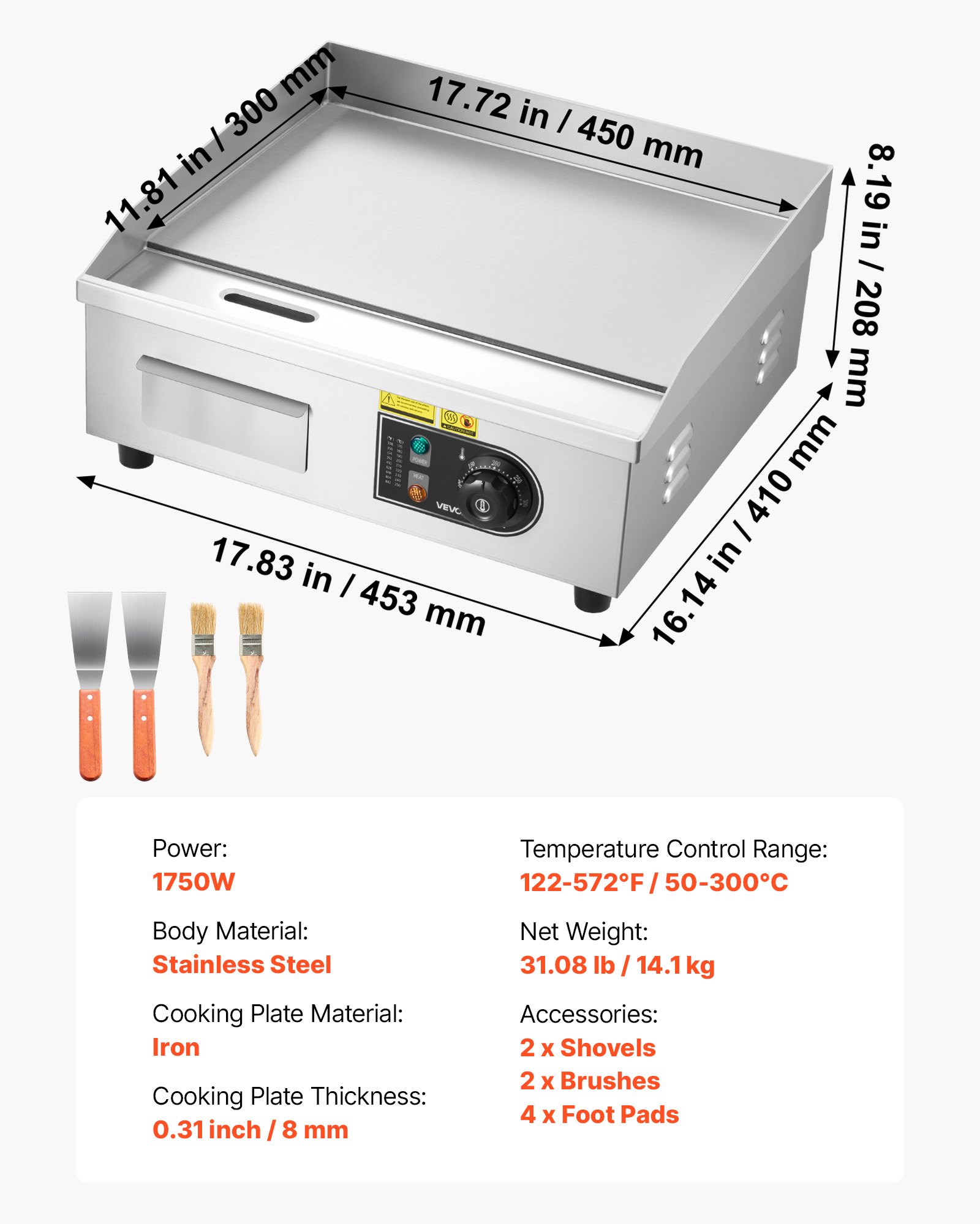 VEVOR 2800W Commercial Electric Griddle 450x300 mm, 50–300°C Stainless Steel Flat Top Grill with Accessories – Paveikslėlis 7