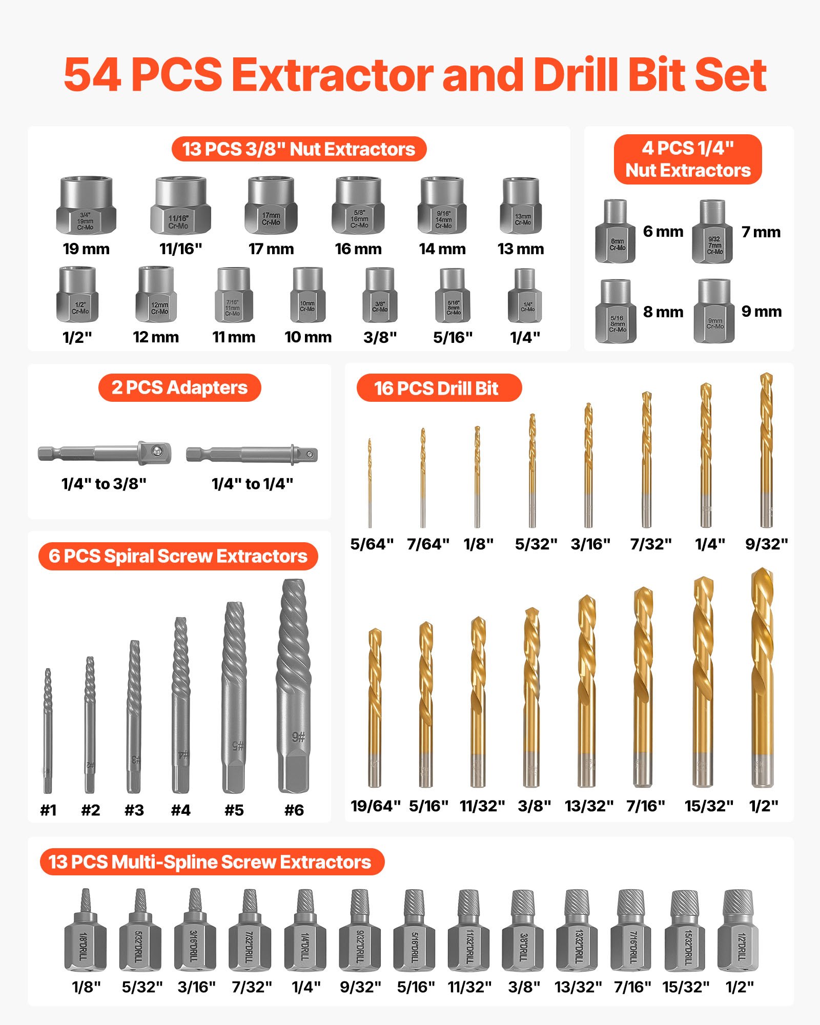 Cr-Mo Steel Nut Bolt Remover Kit with Adapters and Case for Damaged Fasteners