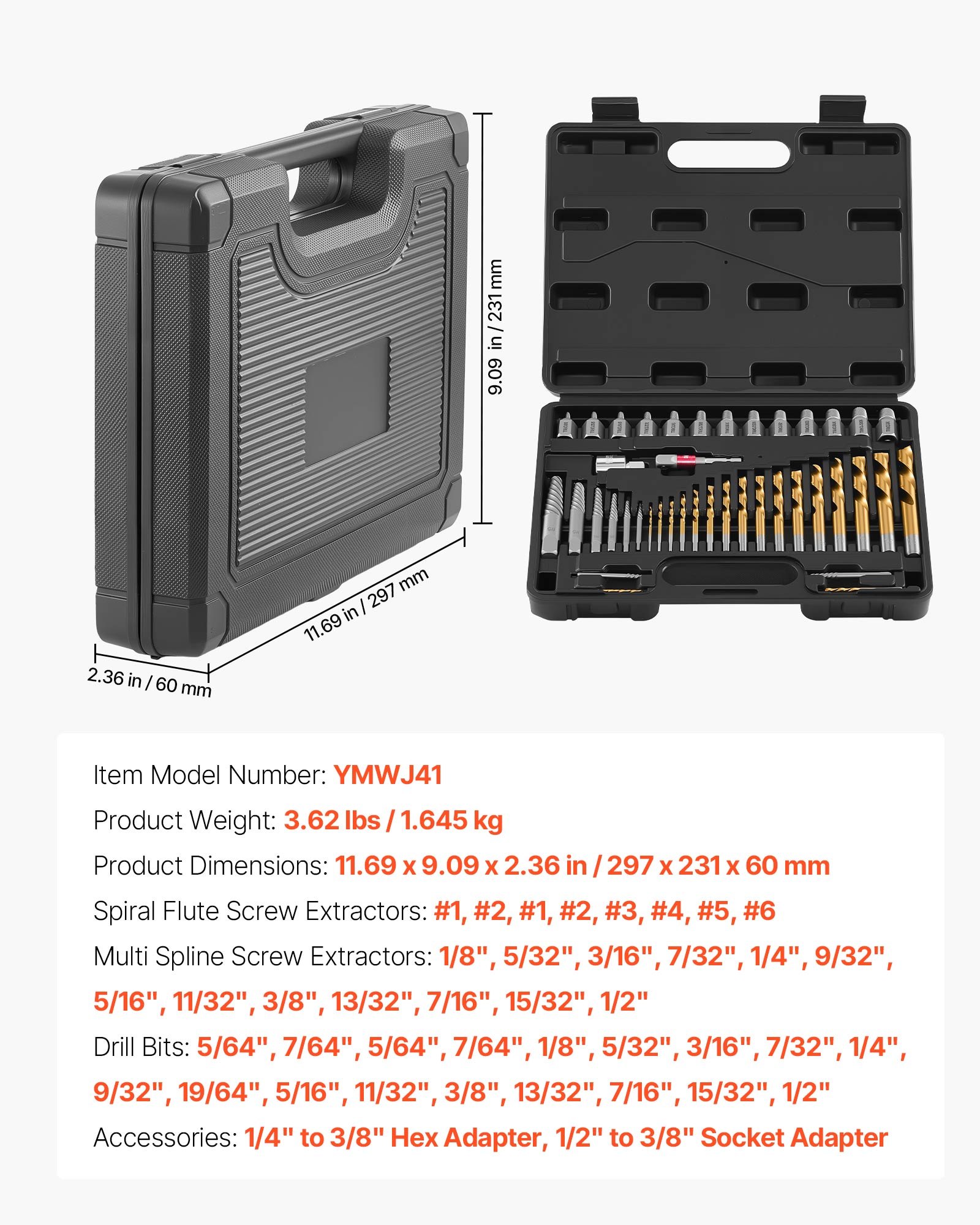 VEVOR 41‑Piece Screw & Bolt Extractor Set with Drill Bits, Adapters, Cr‑Mo Steel, in Case for Removing Damaged Screws and Bolts - Зображення 7