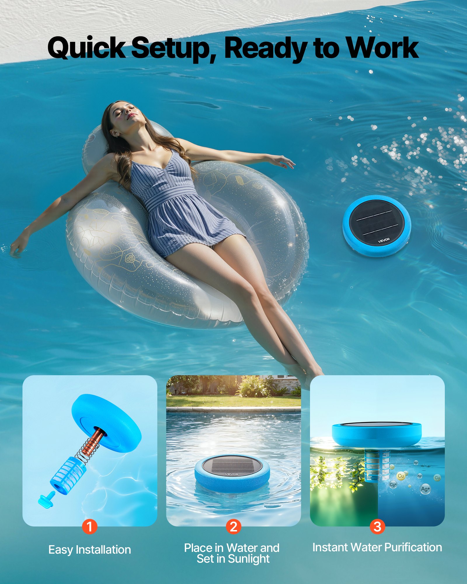VEVOR Solar Pool Ionizer 132000 L Floating Copper Water Purifier for Pools & Spas, Chlorine-Free, Test Strips Included - Зображення 6