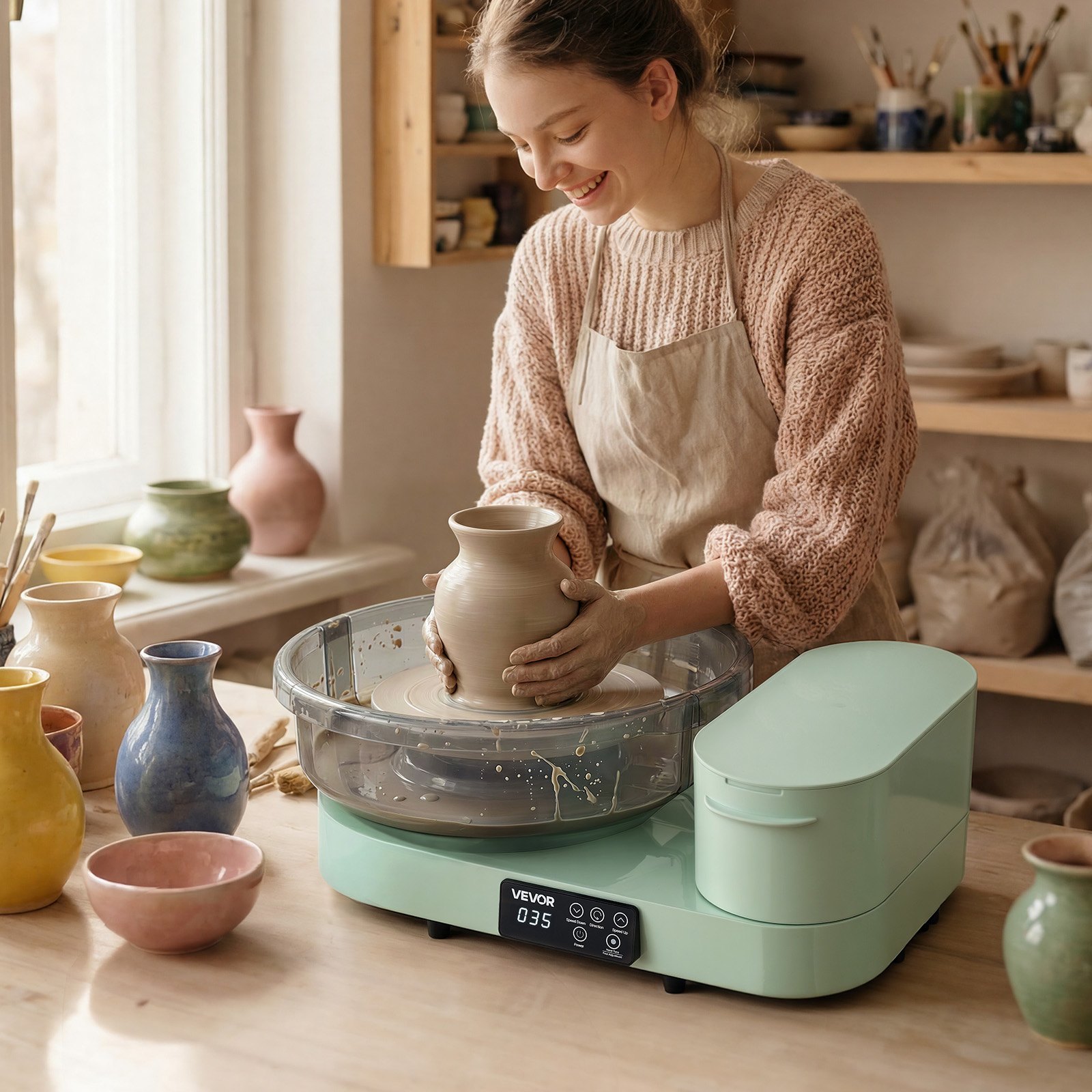 VEVOR 450W Electric Tabletop Pottery Wheel, 28/36 cm Dual Turntables, Foot Pedal, Tool Sets, for Adult Beginners, Green — изображение 8
