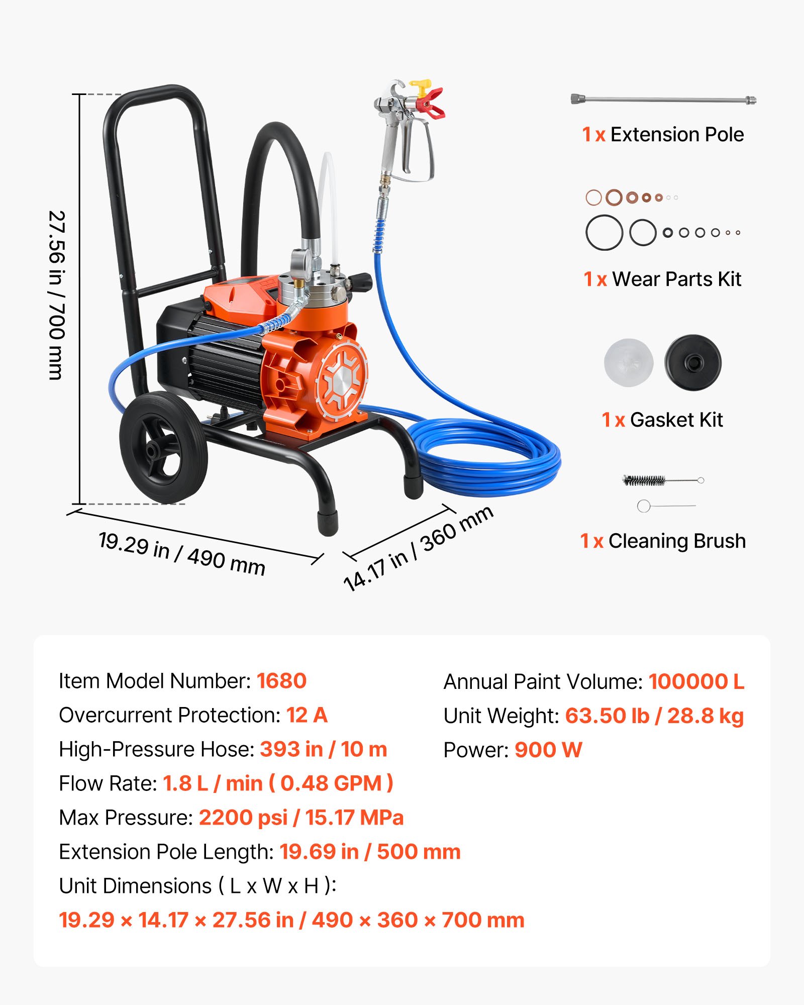 VEVOR 900 W Diaphragm Airless Paint Sprayer on Cart, 150 bar, 10 m Hose, 50 cm Extension Pole for Interior and Exterior Renovation - Зображення 7