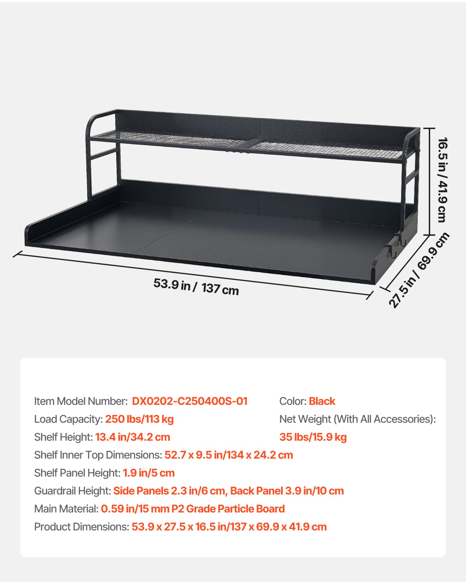 VEVOR Washer Dryer Countertop 137x69.9 cm with Shelf, Edge and Hooks, Laundry Machine Topper Organizer, Black — изображение 7