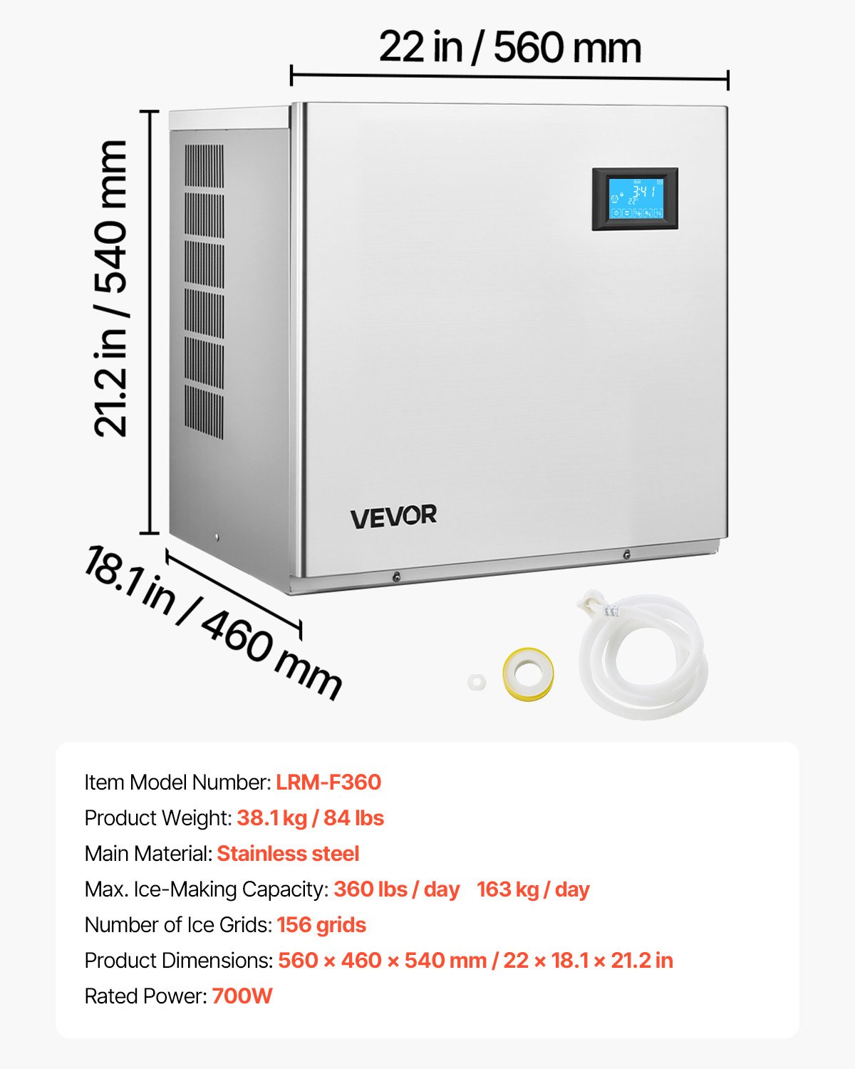 VEVOR Commercial Ice Maker Head, 163 kg/24h Stainless Steel Ice Machine, 156 Ice Tray, Self-Cleaning, Adjustable Thickness — изображение 7