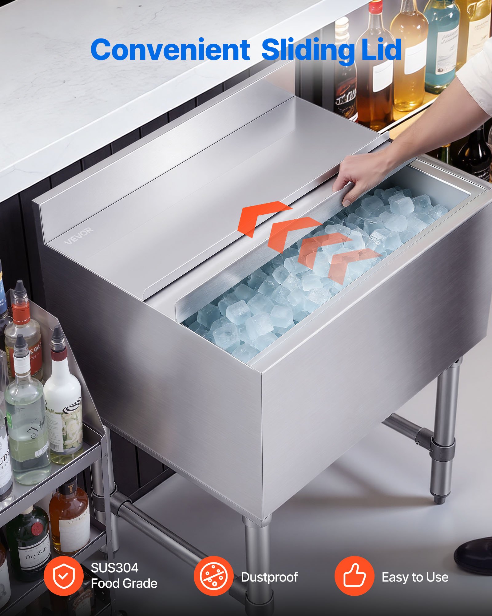 VEVOR 61.6 L Commercial Underbar Ice Bin, 610x482x850 mm 304 Stainless Steel Ice Chest with Sliding Lid, Drain, NSF for Bar - Image 6