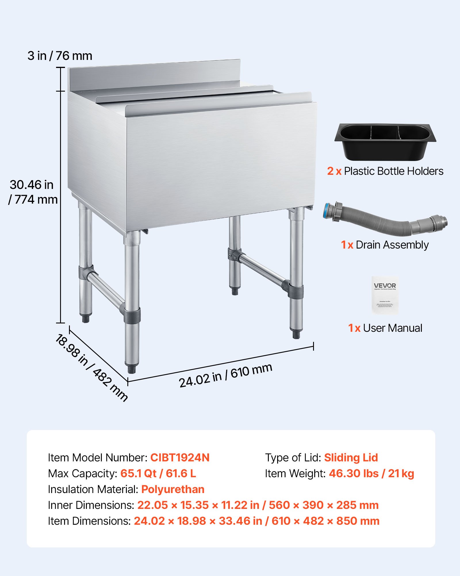 VEVOR 61.6 L Commercial Underbar Ice Bin, 610x482x850 mm 304 Stainless Steel Ice Chest with Sliding Lid, Drain, NSF for Bar - Image 7