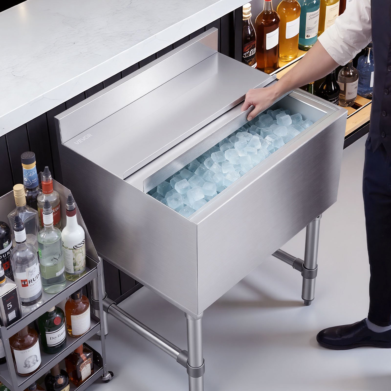 VEVOR 61.6 L Commercial Underbar Ice Bin, 610x482x850 mm 304 Stainless Steel Ice Chest with Sliding Lid, Drain, NSF for Bar - Image 8