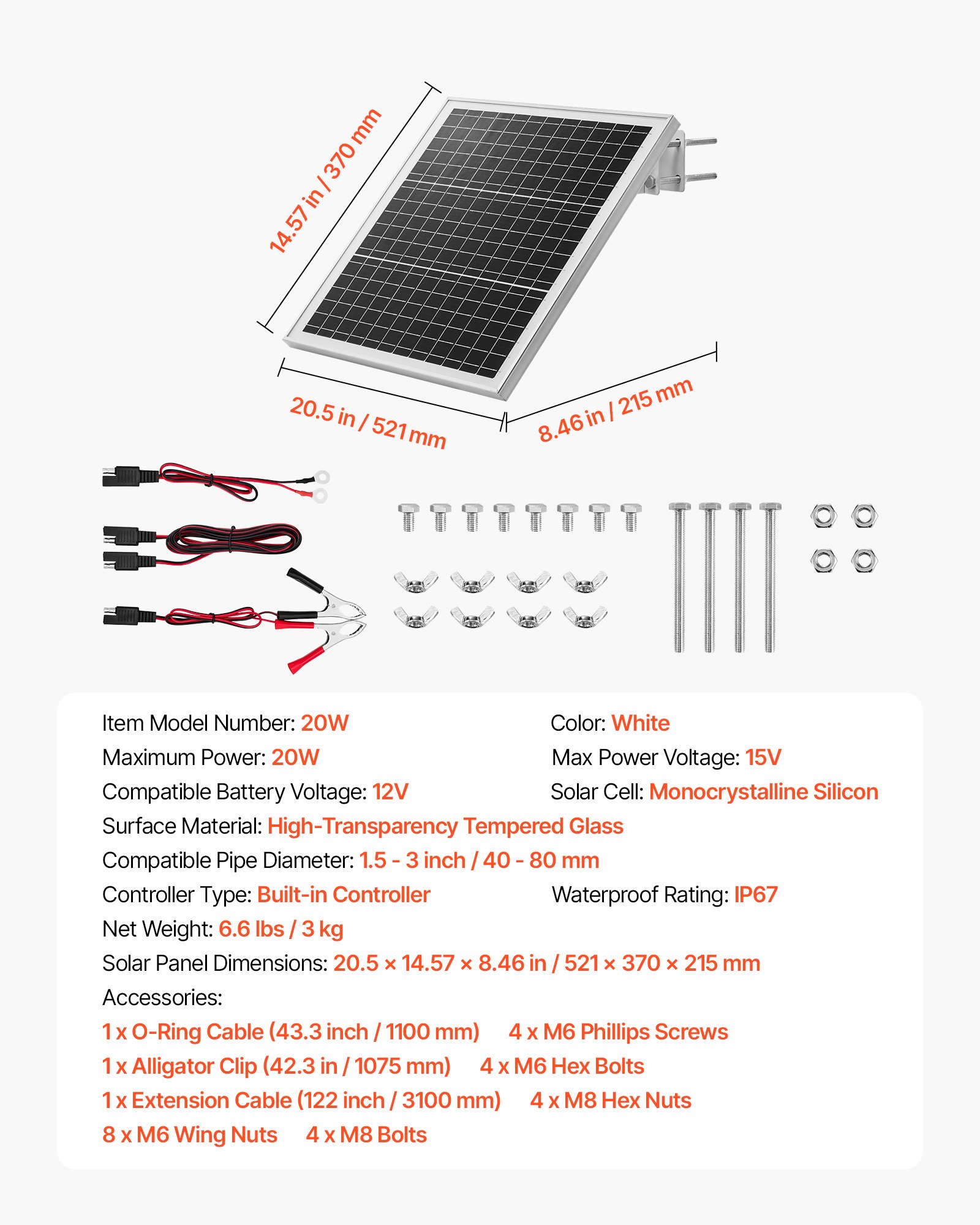 VEVOR 20W 12V Solar Panel Battery Charger with Controller, IP67 Trickle Charger for 12V Batteries, Adjustable 0–60° Mount 40–80 mm Poles — изображение 7