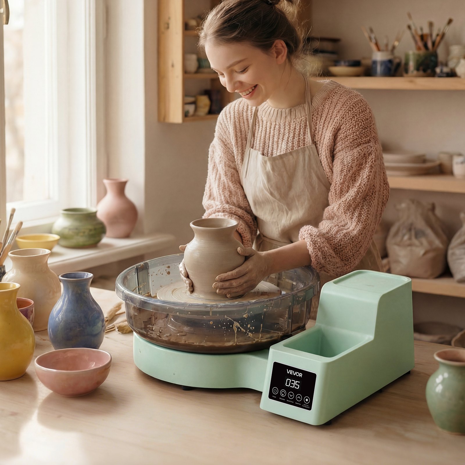 VEVOR 450W Electric Tabletop Pottery Wheel 28/36 cm, Foot Pedal, 30–300 RPM, Dual Turntables, Tool Sets & Apron, Green — изображение 8