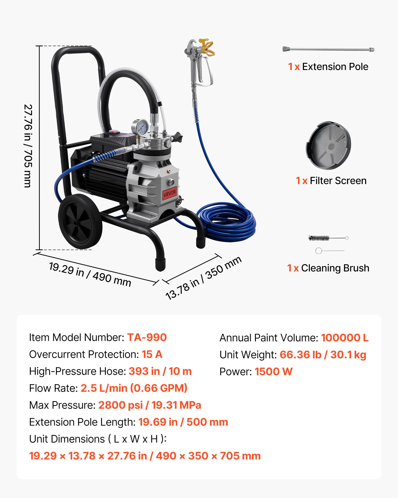 VEVOR 1500 W Diaphragm Airless Paint Sprayer on Cart, 193 bar, 10 m Hose, 50 cm Extension Pole for Interior & Exterior Renovation - Зображення 7