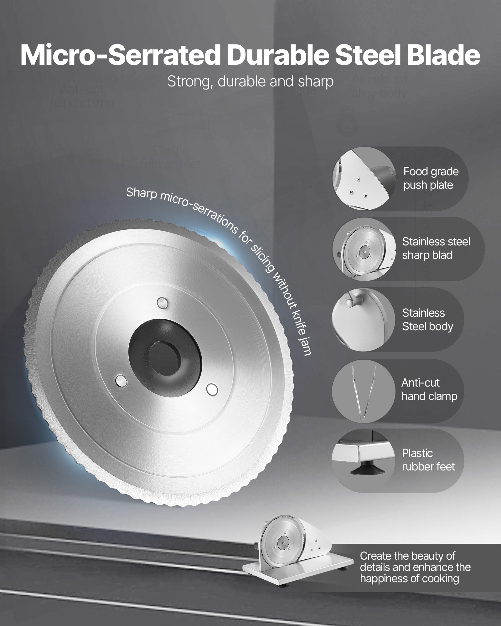 VEVOR Manual Bread & Cheese Slicer 0–15 mm, Stainless Steel Hand-Cranked Cutter with Micro-Serrated Blade and Suction Cups — attēls 4