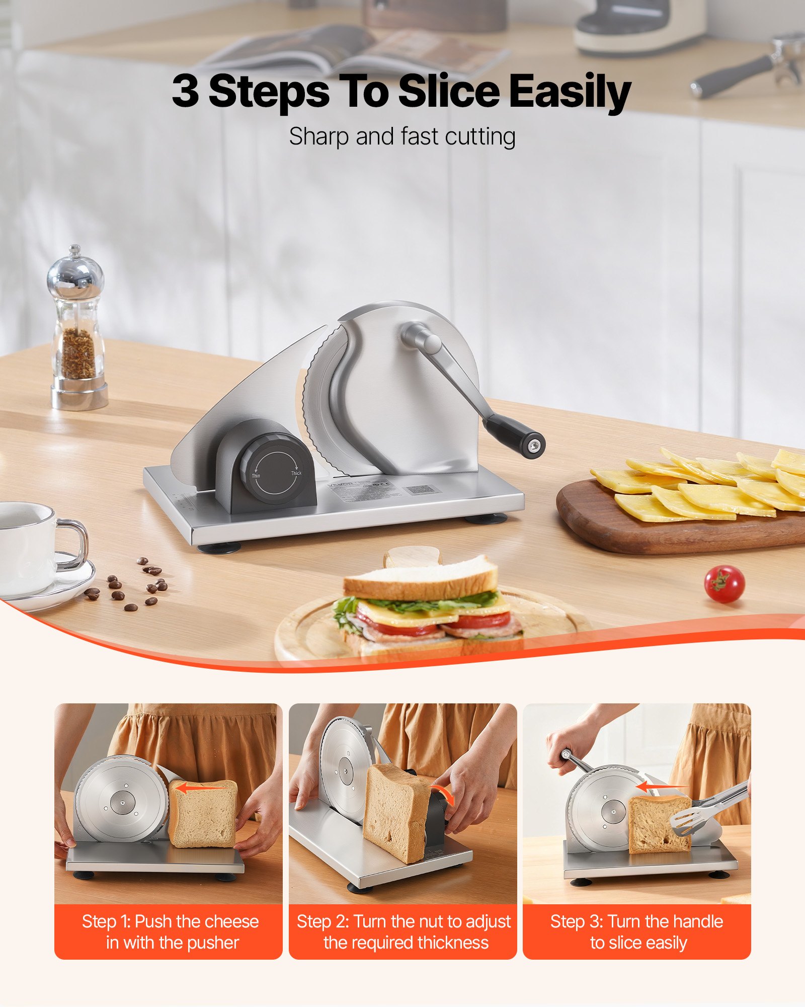 VEVOR Manual Bread & Cheese Slicer 0–15 mm, Stainless Steel Hand-Cranked Cutter with Micro-Serrated Blade and Suction Cups — attēls 5