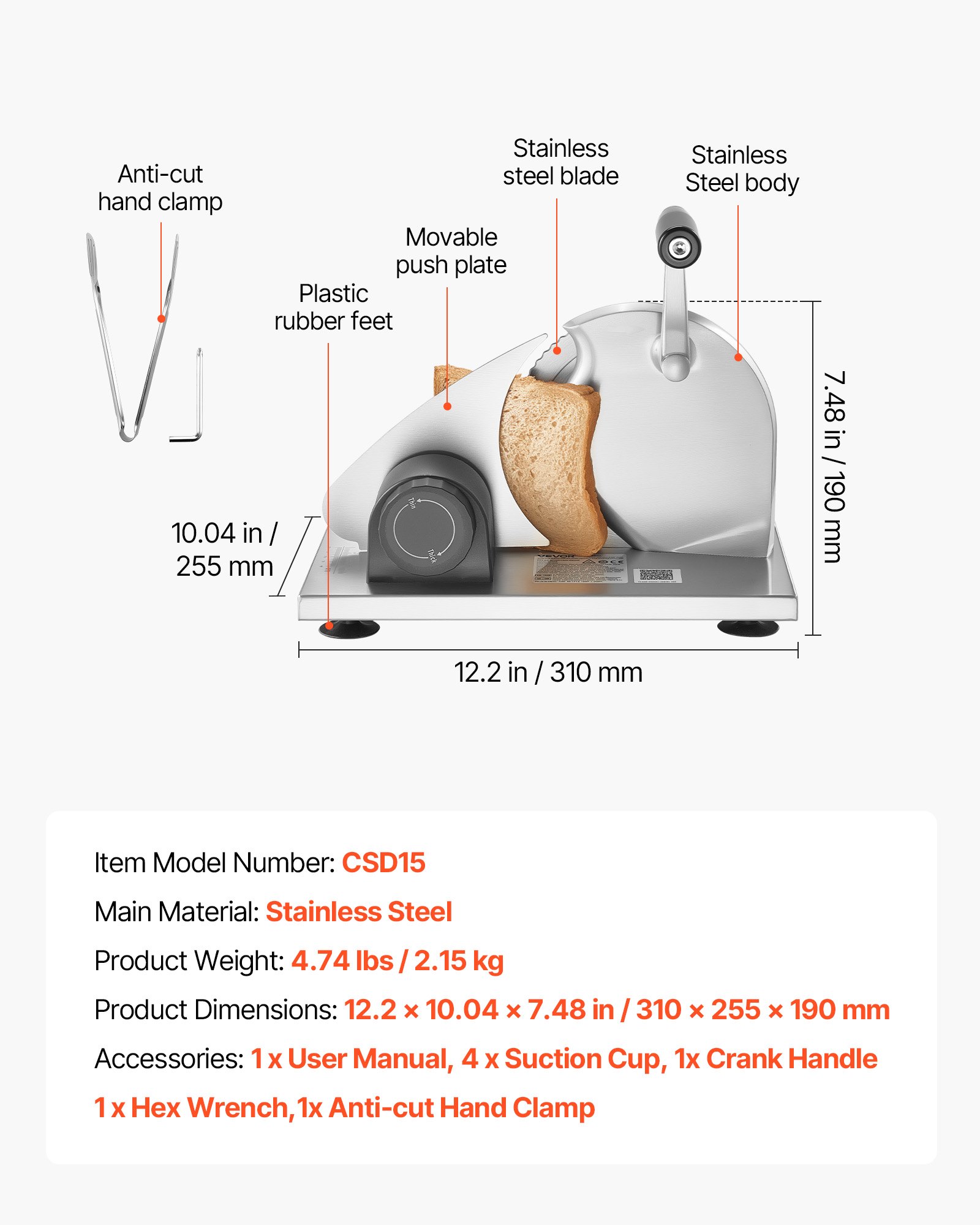 VEVOR Manual Bread & Cheese Slicer 0–15 mm, Stainless Steel Hand-Cranked Cutter with Micro-Serrated Blade and Suction Cups — attēls 7