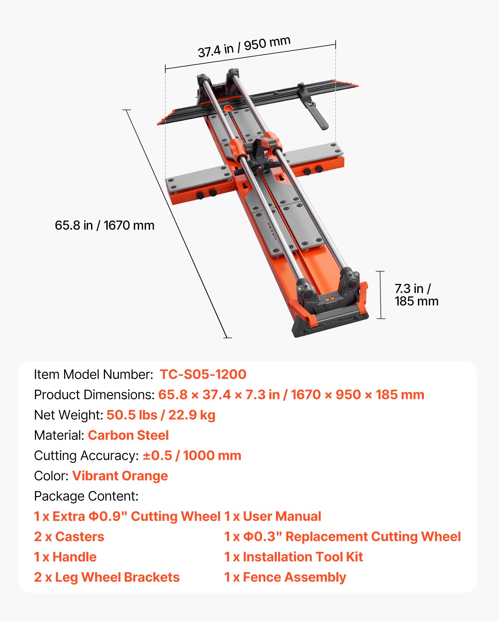 VEVOR 1200 mm Manual Tile Cutter with Sliding Head, Spring-Loaded Base, 2 Wheels, for Ceramic Floor & Wall Tiles — изображение 7
