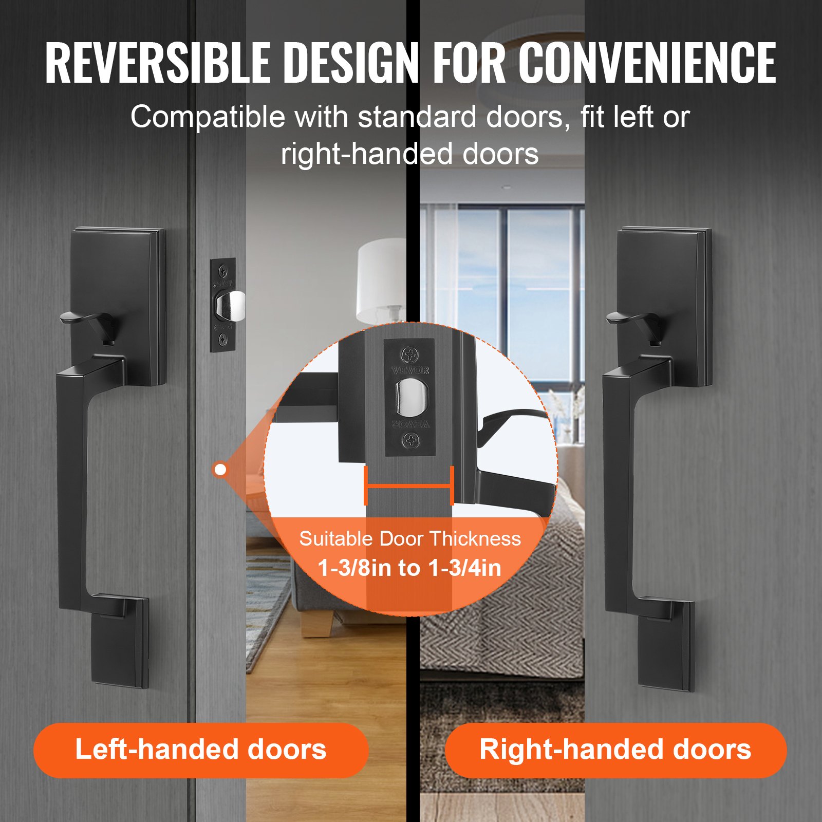 VEVOR Matte Black Front Door Handle Set, Square Entry Lever, Adjustable Hole Spacing, Reversible Zinc Alloy for Left/Right Doors — изображение 5