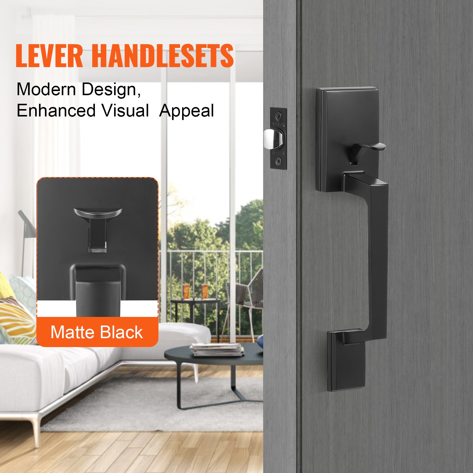 VEVOR Matte Black Front Door Handle Set, Square Entry Lever, Adjustable Hole Spacing, Reversible Zinc Alloy for Left/Right Doors — изображение 6