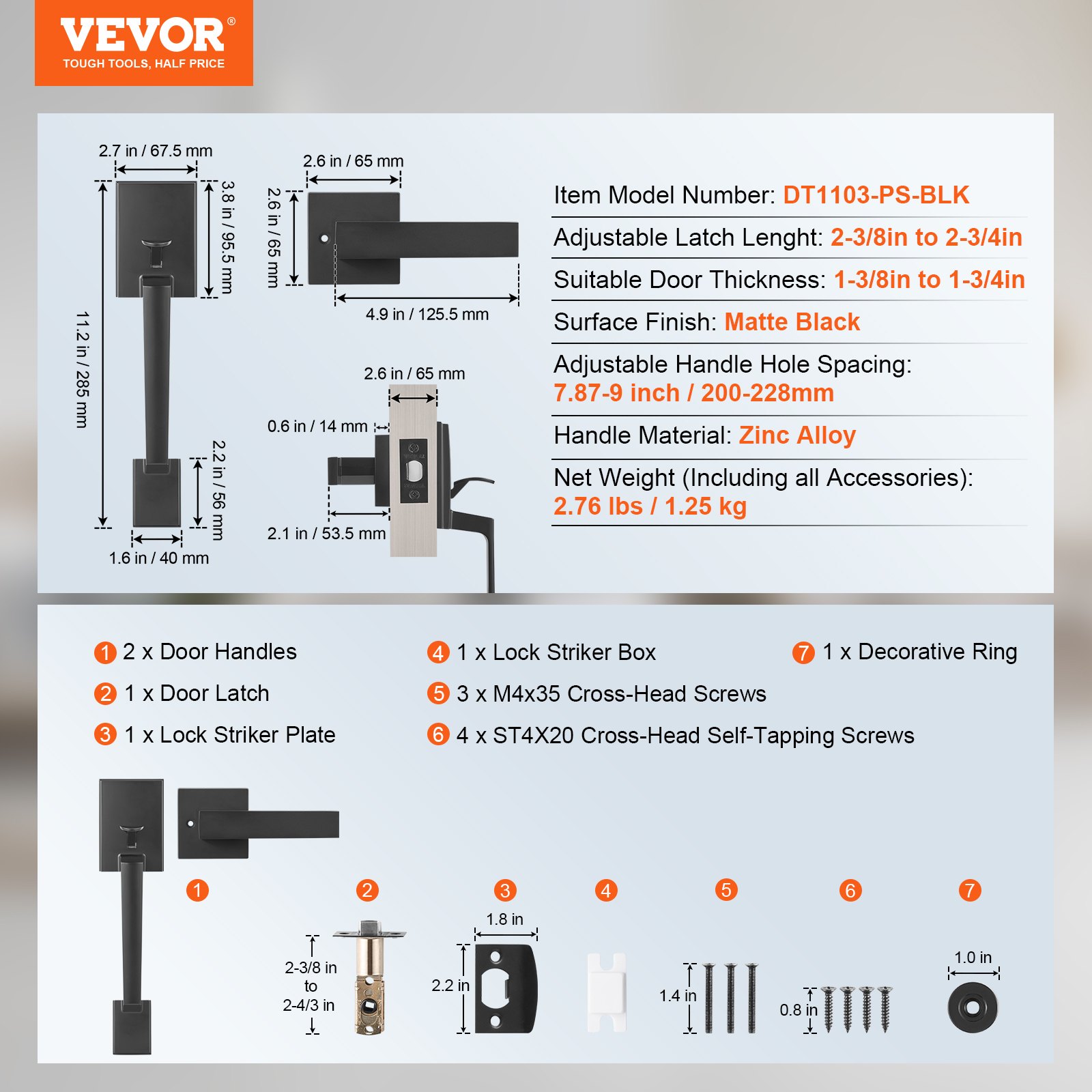 VEVOR Matte Black Front Door Handle Set, Square Entry Lever, Adjustable Hole Spacing, Reversible Zinc Alloy for Left/Right Doors — изображение 7