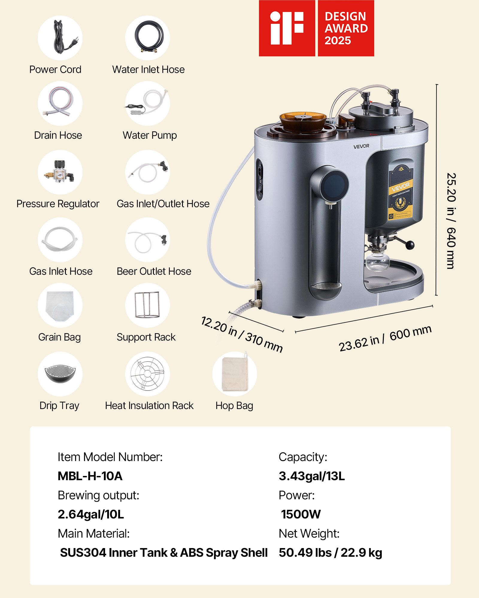 VEVOR Automatic Home Beer Brewer 1500W, 10L All-in-One Electric Brewing Machine with Mash & Boil, LCD, Auto Temp & Pressure Control — изображение 7