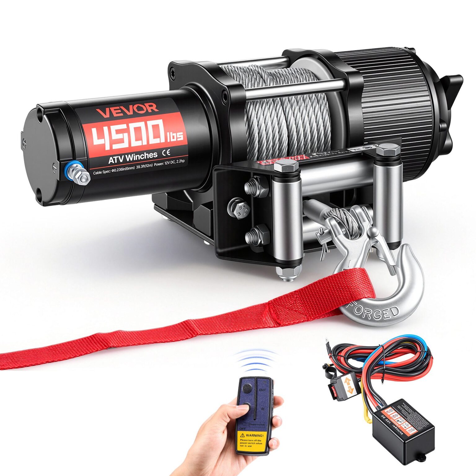 VEVOR 2041 kg 12V Electric ATV UTV Winch, 2.2 HP, 6 mm x 12 m Steel ...