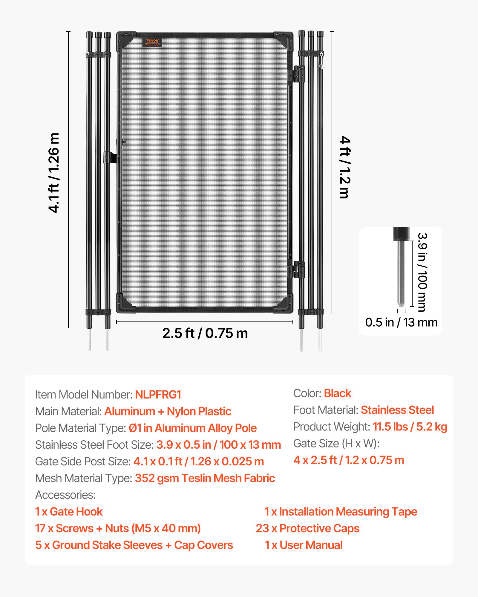VEVOR Inground Pool Fence Gate 1.2 x 0.75 m, Aluminum Frame, 352 gsm Teslin PVC Mesh, Metal Latch, Lockable, Black — изображение 7