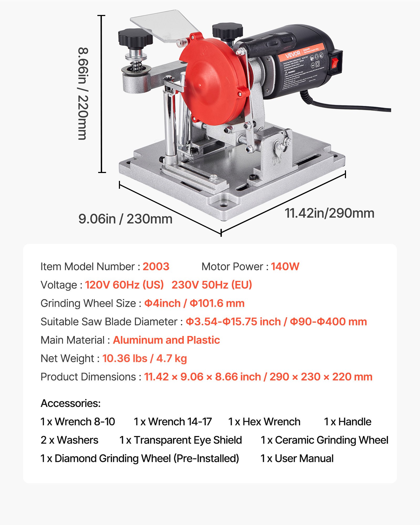 VEVOR 140W 5700RPM Circular Saw Blade Sharpener, 100mm Ceramic & Diamond Wheels, Fits 90–400mm Blades, Adjustable Angle Grinder — изображение 7
