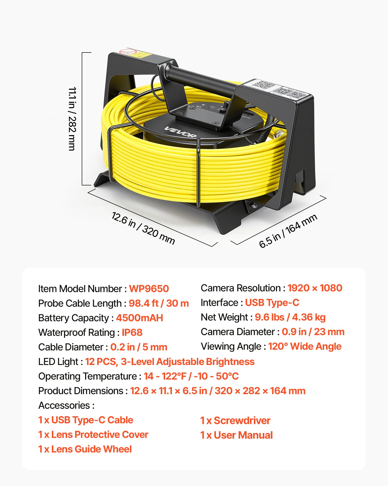 VEVOR 2026 WiFi Sewer Inspection Camera, 30 m IP68 Drain Pipe Endoscope with 12 LED, 1080p, 4500 mAh Battery, for 25–150 mm Pipes - Pilt 7
