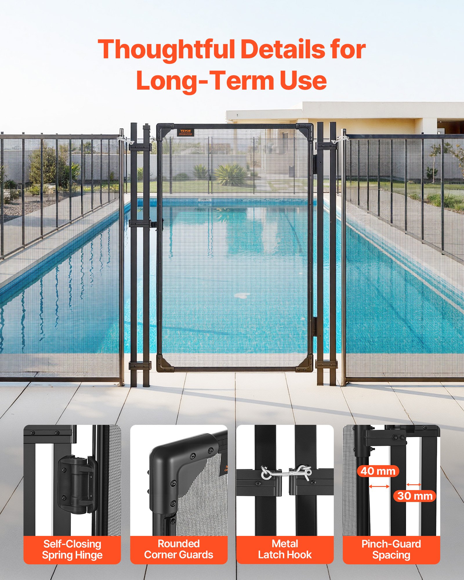 VEVOR 1.2 x 0.75 m Inground Pool Fence Gate, Aluminum Frame, Self-Closing & Self-Locking, 352 gsm Teslin Mesh, Black Outdoor Security — изображение 6